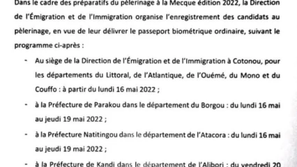 BENIN/PRÉPARATIFS DU HADJ 2022 : Voici les pièces à fournir pour l&rsquo;obtention du passeport biométrique