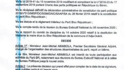 BLOC RÉPUBLICAIN : Jean Michel Abimbola suspendu