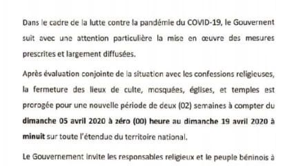 LUTTE CONTRE LA PROPAGATION DU COVID- 19 : Sacca Lafia prolonge la durée de fermeture des lieux de culte