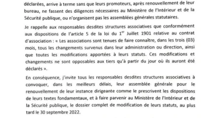 NON RENOUVELLEMENT DE L&rsquo;ORGANE DIRIGEANT DE CERTAINES ASSOCIATIONS : Les responsables des structures concernées invités à se conformer à la loi