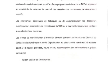 POUR L&rsquo;ACQUISITION DES DÉCODEURS À LA TNT AU BÉNIN : Le gouvernement lance un avis à manifestation