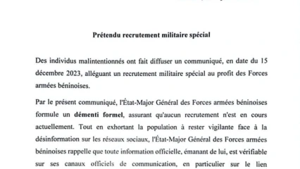 PRÉTENDU RECRUTEMENT SPÉCIAL DE MILITAIRES AU BÉNIN : Le gouvernement appelle à la vigilance